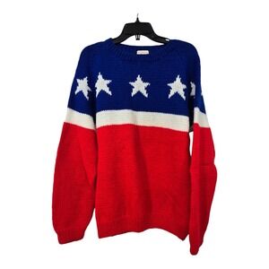 Vintage 80s 90s Handknit Patriotic Sweater Womens M LG Colorful Handmade Chunky